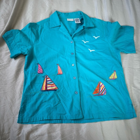 Vintage White Stag Blue Sailboat Embroidered Shirt Women’s Medium - Picture 1 of 4